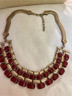 Mesh Gold Tone and Maroon Bib Statement Necklace